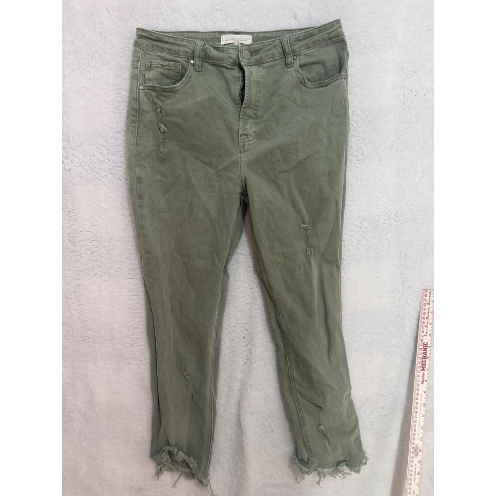 Risen Jeans Women's Distressed Frayed Hem Ankle Crop Olive Green Size 13/31